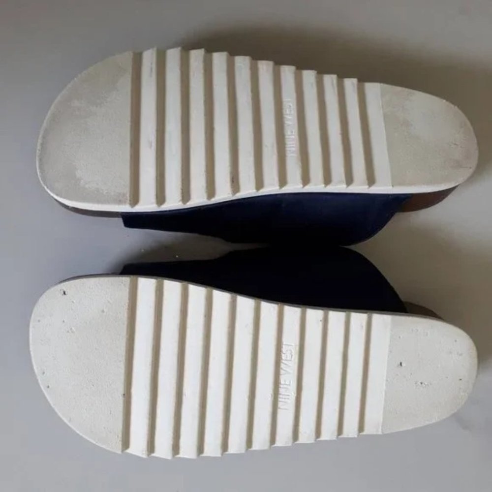 Nine West navy Satin slides with diamanté buckle, "I'll Wait" slide EUC - Picture 4 of 6